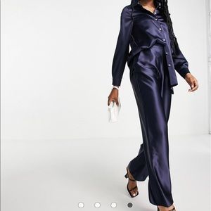Miss Selfridge satin wide leg pants in navy